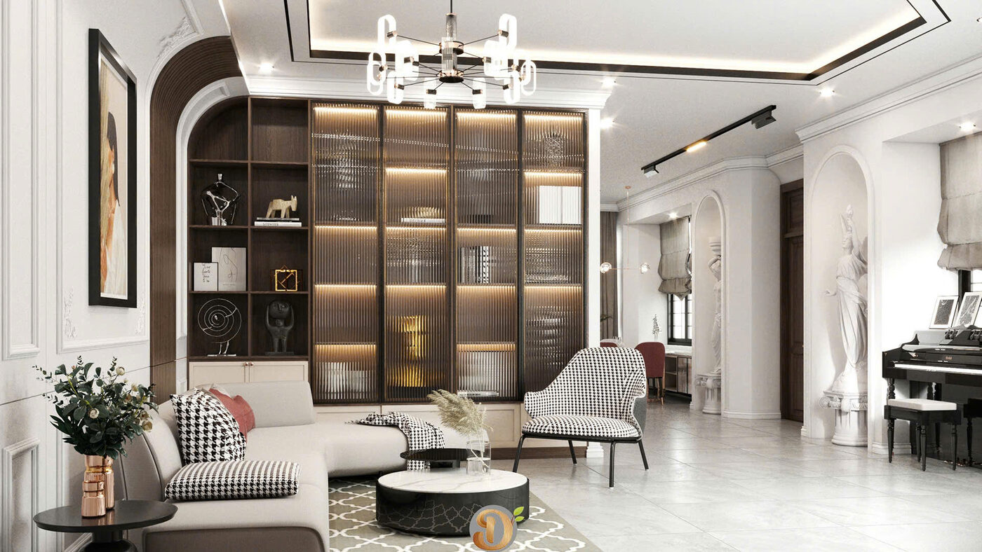 Phòng khách phong cách tân cổ điển với tủ kính đèn pha lê